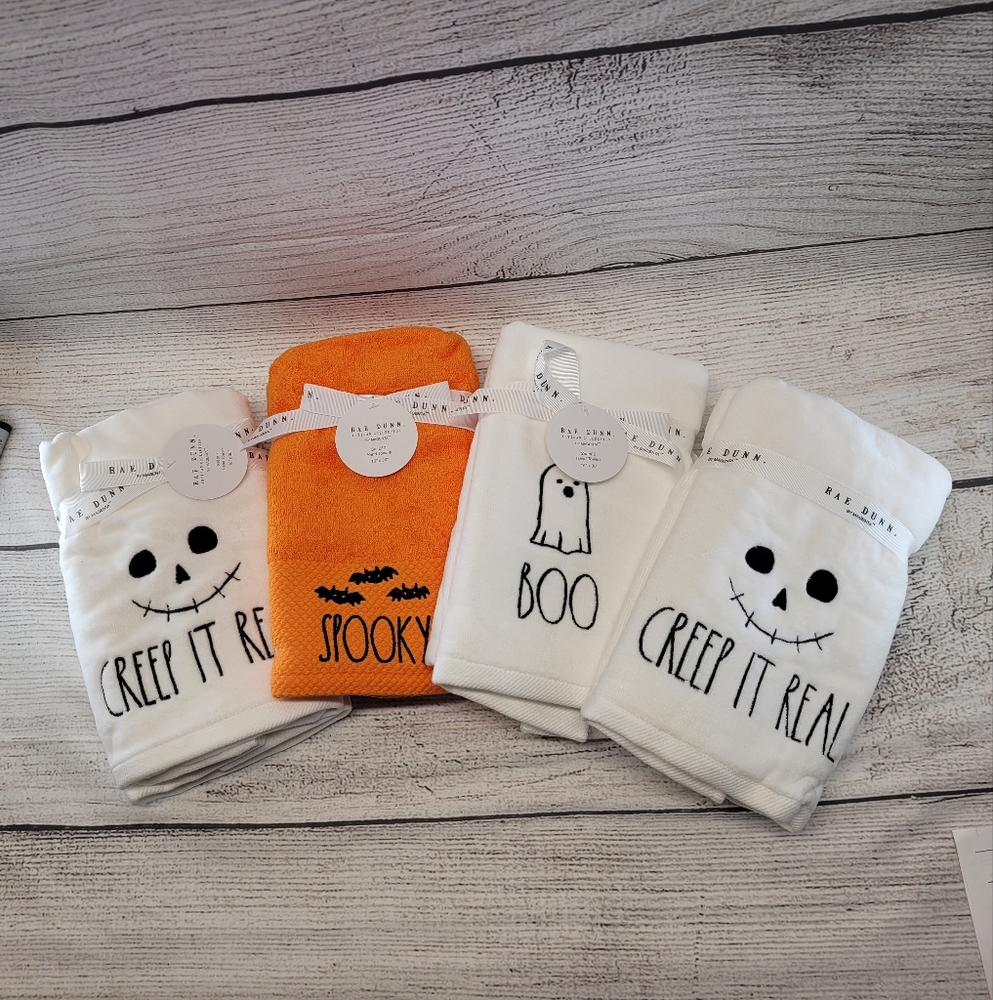 Rae Dunn Halloween Hand Towels Set - Orange and White - Lot Of 8 - New